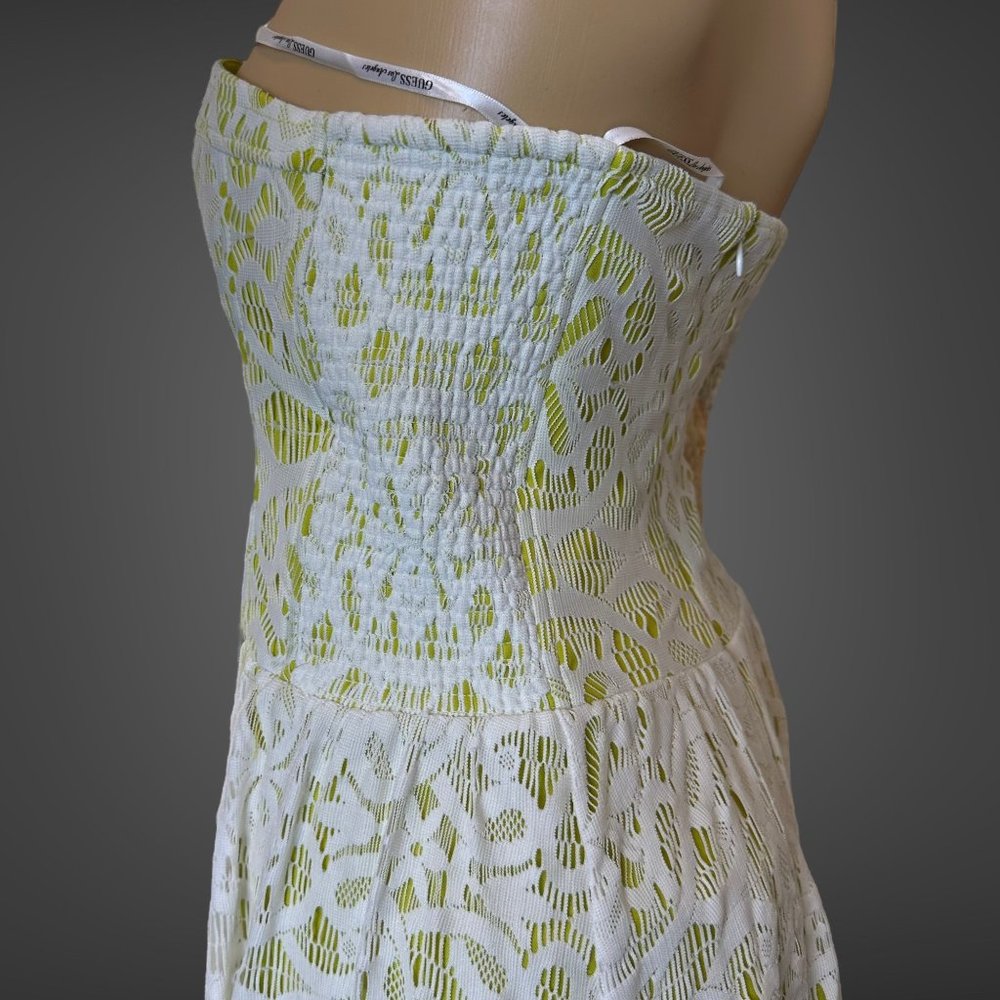 Guess Strapless Dress Size 14 Green White Knee Length Full Lace Stretch Lined - Picture 7 of 16